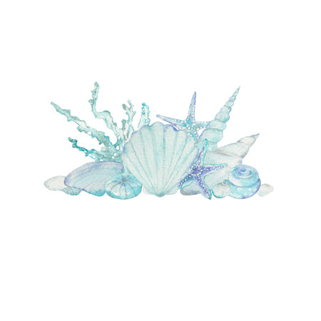 seashell, starfish, coral, stone, shell with pearl, underwater world, ocean, sea, nature, blue color, watercolour, the art, the illustration, compasitionの写真素材