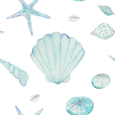seashell, underwater world, ocean, sea, nature, blue color, watercolour, the art, the illustration, clip art, patternの写真素材