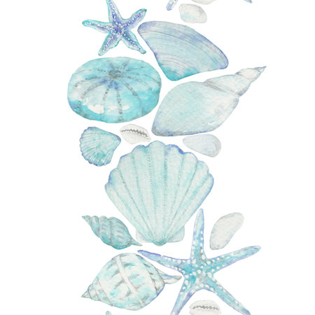 seashell, underwater world, ocean, sea, nature, blue color, watercolour, the art, the illustration, clip art, patternの写真素材