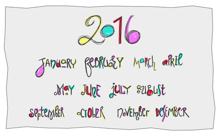 Handwritten months calligraphy kids lettering. Doodles style colorful for new calendar design 2016. Isolatedのイラスト素材