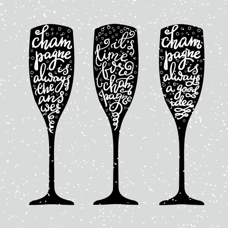 Champagne New Years lettering modern calligraphy set on champagne glass shape isolated vector typography elements. Its time for champagne Champagne is always the answer Champagne is always a good ideaのイラスト素材