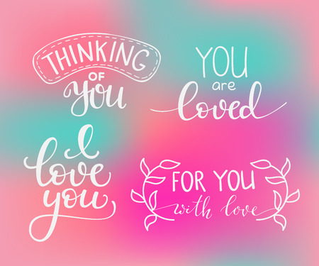 Romantic Valentines day lettering set color background. Calligraphy postcard or poster graphic design lettering element. Hand written calligraphy style valentines day romantic postcard. I love youのイラスト素材