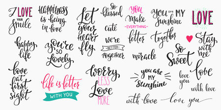 Romantic lettering set. Calligraphy postcard or poster graphic design typography element. Hand written vector style happy valentines day sign. Life better with you First sight Life better My sunshineのイラスト素材