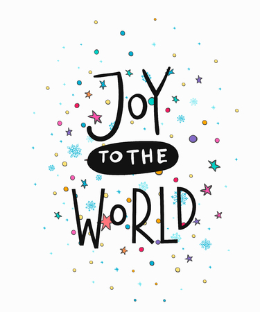 Joy to the world Merry Christmas Happy New Year simple lettering. Calligraphy postcard or poster graphic design element. Hand written sign. Photo overlay Winter Holidays vector. Santa Bright Daysのイラスト素材