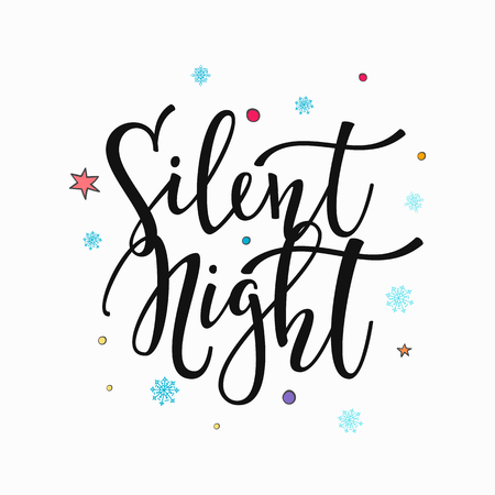 Silent Night Merry Christmas Happy New Year simple lettering. Calligraphy postcard or poster graphic design element. Hand written sign. Photo overlay Winter Holidays vector. Santaのイラスト素材