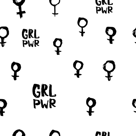 Girl power venus feminist lettering seamless pattern. Calligraphy inspiration graphic design typography textile element. Hand drawn card. Simple vector sign. Protest patriarchy sexism misogyny femaleのイラスト素材
