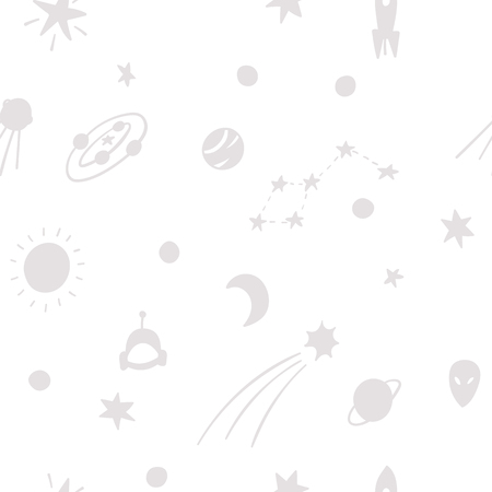Cosmos space astronomy simple seamless pattern. Endless galaxy inspiration graphic design typography element. Hand drawn Cute simple vector background Earth UFO Stars Mars Moon Astronaut Sun Satelliteの写真素材