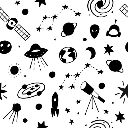 Cosmos space astronomy simple seamless pattern. Endless galaxy inspiration graphic design typography element. Hand drawn Cute simple vector background. Earth UFO Stars Mars Moon Astronaut Telescopeの写真素材