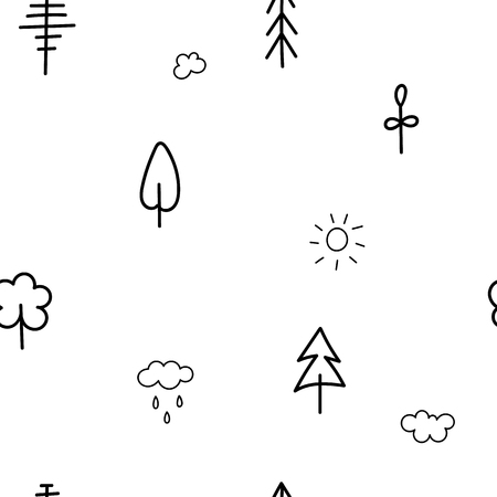 Forest tree nature simple seamless pattern.Ecology inspiration graphic design typography element. Hand drawn postcard. Cute simple vector style. Textile print Sun Cloud Rain Healthy Green Environmentのイラスト素材