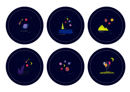 Universe Space nature Star cutout scircle sticker set moon balloon travel cosmos astronomy inspiration graphic design typography element. Hand written postcard. Cute simple vector paper collage styleの写真素材