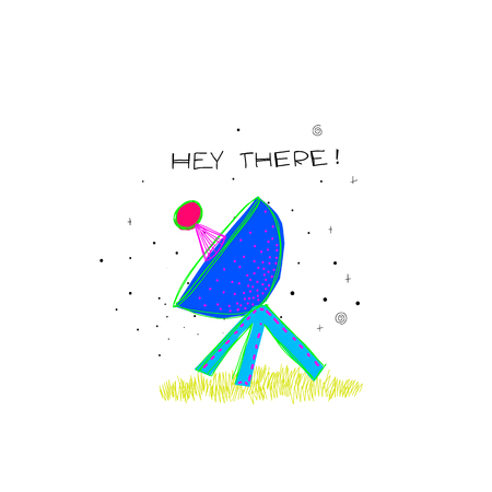 Hey There Discover Universe Space satellite travel Planet Star moon cosmos astronomy inspiration graphic design typography element. Hand drawn postcard. Cute simple vector paper cutout collage styleのイラスト素材