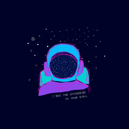 The Universe in your eyes Space travel Planet Star moon astronaut cosmos astronomy inspiration graphic design typography element. Hand drawn postcard. Cute simple vector paper cutout collage styleのイラスト素材