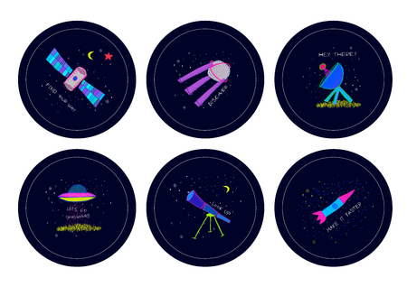 Universe Space nature Star cutout scircle sticker set moon satellite travel cosmos astronomy UFO Spaceship graphic design typography element Hand drawn postcard. Cute simple vector paper collage styleの写真素材