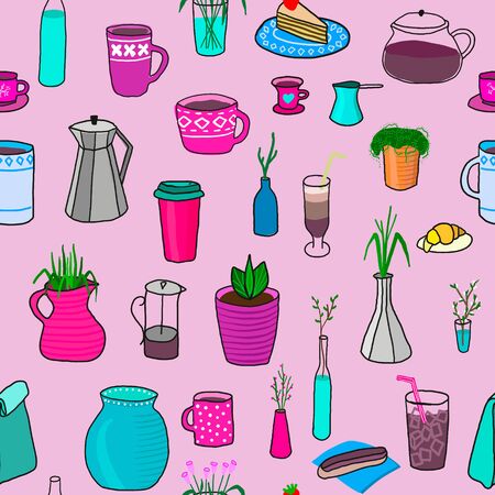 Love flowers coffee typography home seamless pattern. Hand drawn postcard. Cute simple primitive vector color still life background. Shop promotion motivation. Lifestyle vector wrapping paper textileの写真素材