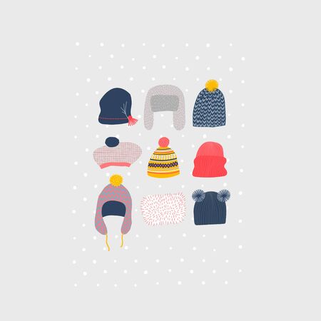 Warm funny hats earlaps set winter illustration Cold season bobble knitting cap. Cute, simple vector snowfall colorful head postcard graphic design paper cutout geometric style yellow blue red printの写真素材