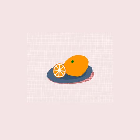 Orange on blue plate shadow pink table fruits food citrus vitamine cold season winter illustration. Cute, simple vector postcard graphic design paper cutout letters geometric style printの写真素材