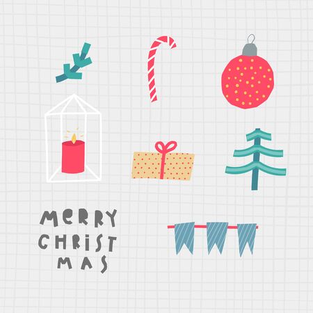 Merry Christmas tree gift decoration candle Happy New Year simple card. Winter Holidays forest. Snowfall postcard graphic design element. Cute Hand drawn primitive Kids drawing Children hand made artのイラスト素材