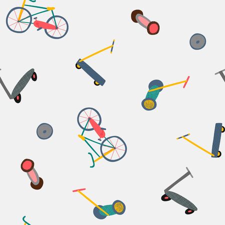 City transportation active life style seamless pattern illustration simple card. Fast move vector. Urban fashion transport ecology optimization postcard graphic design element. Cute bicycle scooterのイラスト素材