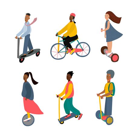 City transportation active life style character illustration simple card. Fast move people vector. Urban fashion transport ecology optimization postcard graphic design element. Cute bicycle scooterのイラスト素材