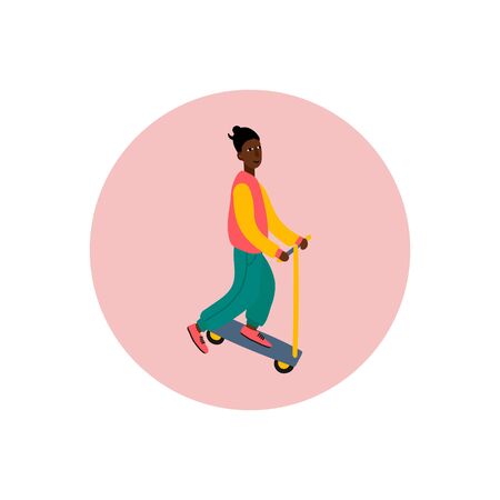 Girl Woman icon circle portrait character feminist illustration. Female inspiration graphic design typography element. Hand drawn sticker. Simple vector symbol. Black people life matters scooter moveのイラスト素材