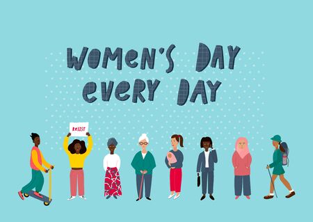 Girl Woman every day portrait character feminist illustration. Female inspiration graphic design typography element. Hand drawn sticker. Simple vector symbol. Color people inclusive diversity.のイラスト素材