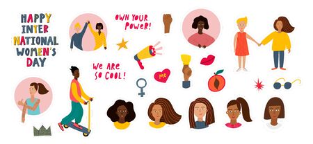Girl Woman portrait character feminist illustration set. Female inspiration graphic design typography element. Hand drawn sticker. Simple vector symbol. Color age young people inclusive diversity.のイラスト素材