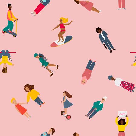 Girl Woman portrait character feminist illustration seamless pattern. Female inspiration graphic design typography element. Hand drawn flat. Simple vector symbol. Color people inclusive diversity.の写真素材