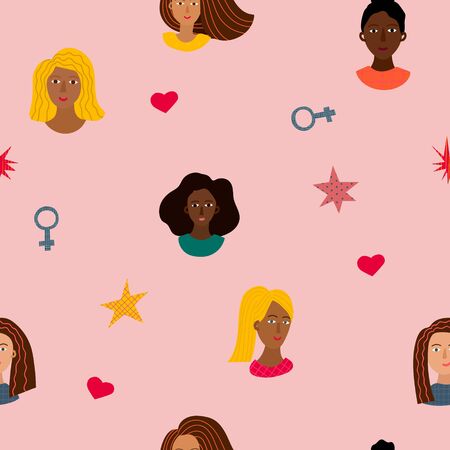 Girl Woman portrait character feminist illustration seamless pattern. Female inspiration graphic design typography element. Hand drawn flat. Simple vector symbol. Color people inclusive diversity.の写真素材