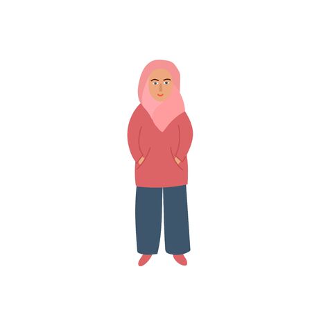 Muslim Girl clothing apparel pocket pink character illustration. Female inspiration graphic design typography element. Hand drawn sticker. Simple vector symbol. Woman life hijab head coverの写真素材