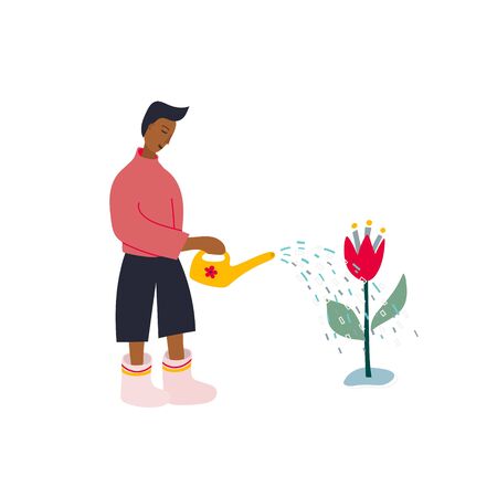 Boy Man rubber boots waters flowers pot scene postcard illustration. Spring summer gardening season sunny day inspiration graphic design typography element. Hand drawn picture. Simple vector symbol.のイラスト素材