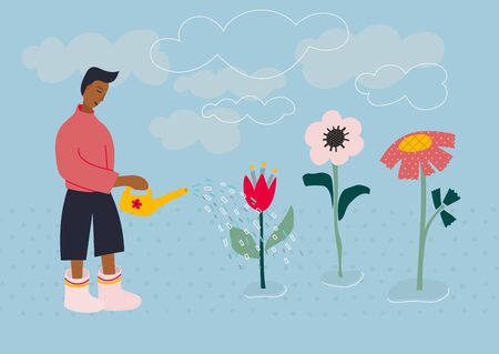 Boy Man rubber boots waters flowers pot scene postcard illustration. Spring summer cloud sky season sunny day inspiration graphic design typography element. Hand drawn picture. Flat vector symbol.の写真素材