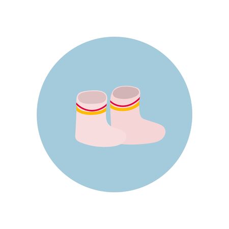 Rubber pink boots on blue circle icon sticker small spot illustration. Spring fall autumn season rainy day kids inspiration graphic design typography element. Hand drawn picture. Simple vector symbolの写真素材