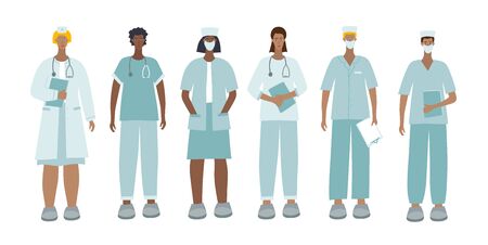 Medical Doctor or nurse characters bundle. Hospital profession concept vector illustration. Simple flat cartoon style clip art for young health care workers epidemic pandemic quarantine instruction.のイラスト素材