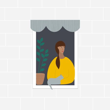Young female character portrait in the window with cat. Woman at home concept vector illustration cartoon style. Simple flat clip art for presentation, instruction, postcard, sticker, design projectの写真素材