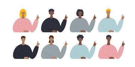 Young cute female male characters portrait pointing finger. People student concept vector illustration cartoon style. Simple flat clip art presentation, instruction, postcard, sticker, design project.の写真素材