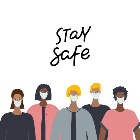Group of multinational People wearing medical face mask. Stay safe lettering. Coronavirus epidemic pandemic concept vector illustration. Simple flat character cartoon clip art quarantine instruction.のイラスト素材