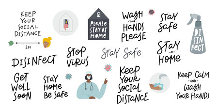 Coronavirus covid-19 pandemic lettering illustrations set. People wash hands, wear mask, stay home,...