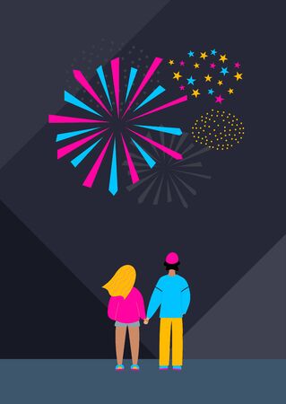 Young couple firework flat vector illustrationの写真素材
