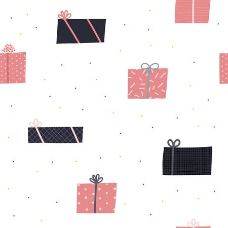 Happy Birthday gift boxes seamless pattern. Simple flat vector surface illustration cartoon style. Festive party celebration confetti hand drawn cute present picture graphic design clip art element.の写真素材