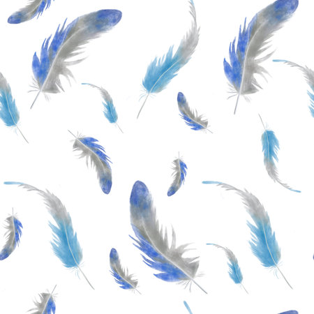 Seamless pattern with watercolor blue feathers on a white backgroundの写真素材