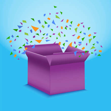 Open box with a gift and confetti. Vector image of a surprise for birthday or christmas. Holiday explosion in a gift. Stock Photo.のイラスト素材