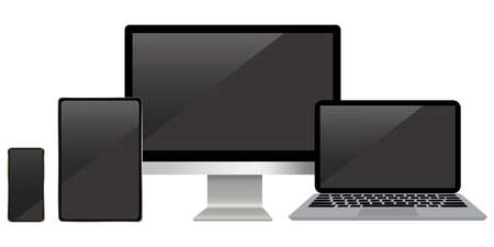 Vector icon of tablet and computer and laptop and phone. Template set of electronic devices. Flat image of technology with blank screens.のイラスト素材