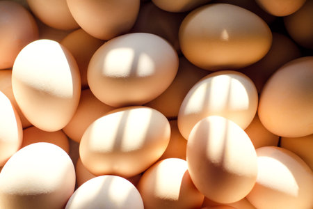 Many fresh eggs in bright rays of light. Background. The concept of natural food, farming, poultry