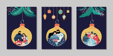 Hand drawn vector Merry Christmas and Happy New Year cards collection set with cute illustrations, family baking cookies, build snowman, with mugs under blanket; vintage christmas tree branches, decorationのイラスト素材