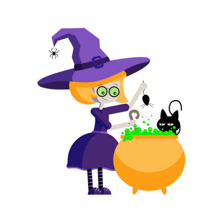 Young witch together with cat brew a potion in a pot for halloweenのイラスト素材