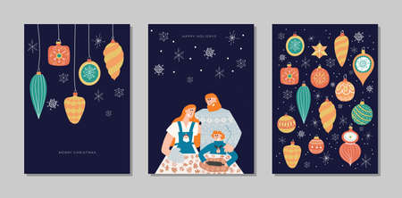 Hand drawn vector Merry Christmas and Happy New Year cards collection set with cute illustrations, happy family baking ginger cookies; vintage christmas tree decorationのイラスト素材