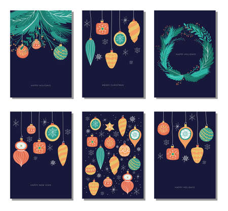 Hand drawn vector Merry Christmas and Happy New Year cards collection set with vintage illustrations, Xmas tree, christmas decoration; christmas ballsのイラスト素材