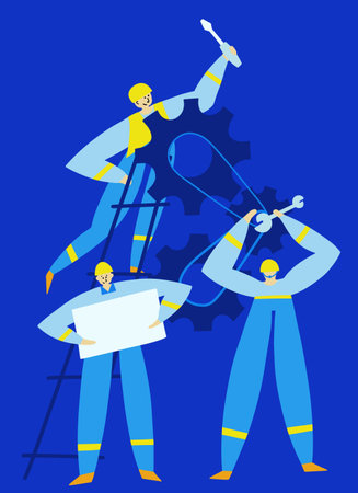 Maintenance team with ladder, wrench, spanner and other tools repair equipment with gears. Mechanics...