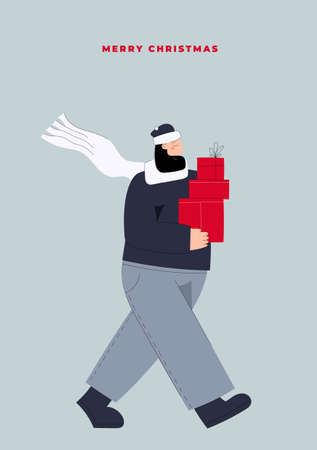 Hand drawn vector Merry Christmas and Happy New Year postcard with man carrying Christmas gift boxes from christmas saleのイラスト素材