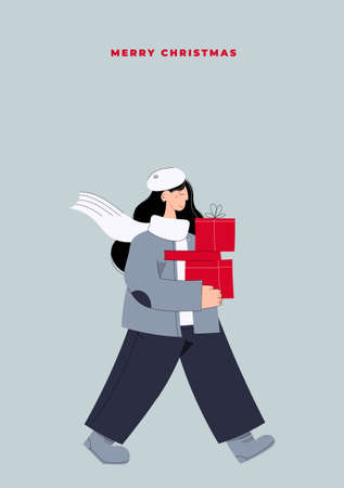 Hand drawn vector Merry Christmas and Happy New Year postcard with woman carrying Christmas gift boxes from christmas saleのイラスト素材